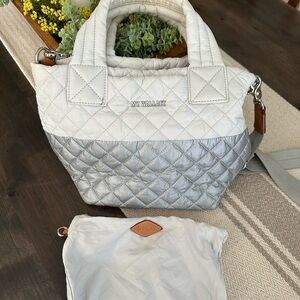 MZ Wallace Quilted Silver and Cream Small Sutton Tote